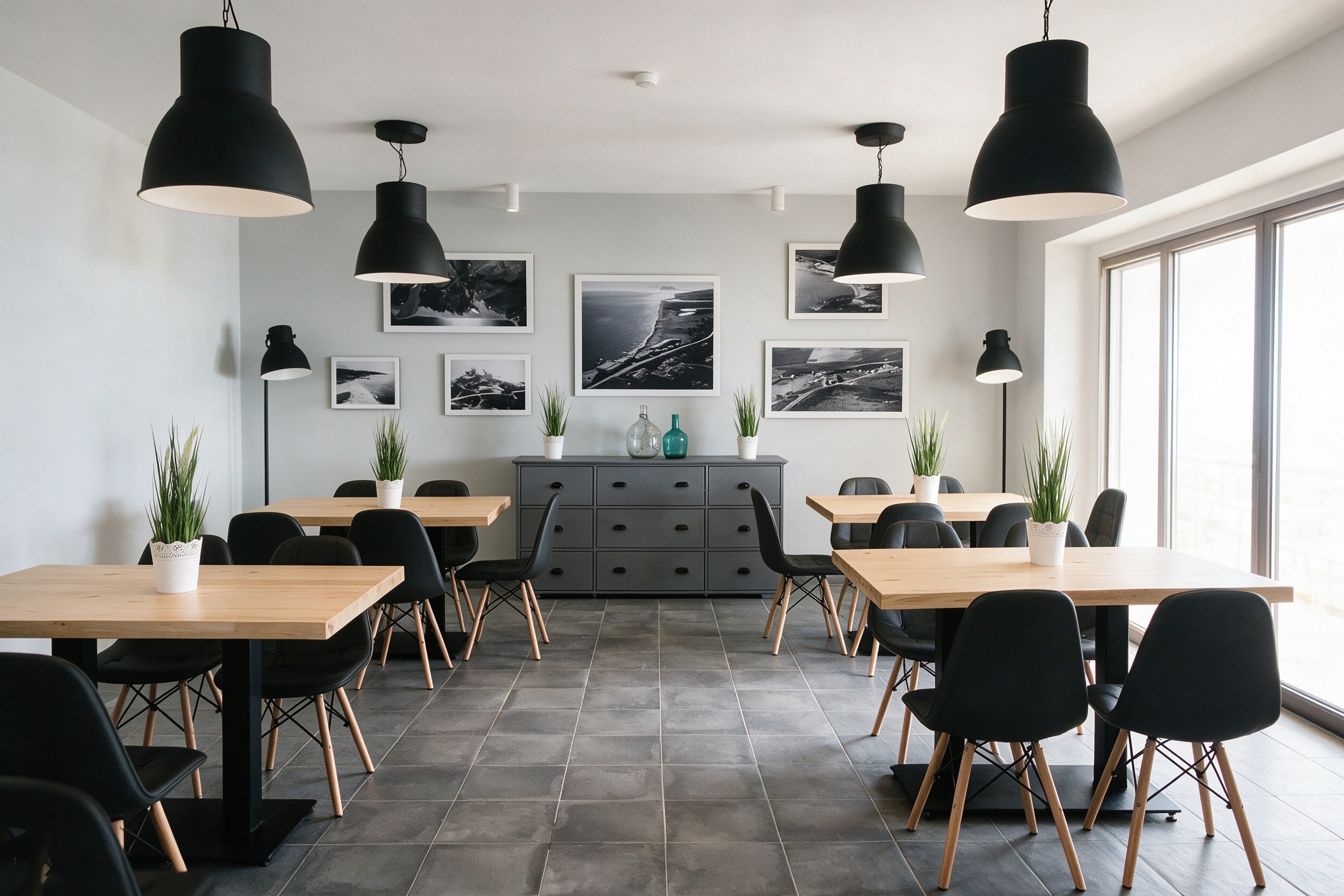 Comedor moderno y luminoso con mesas de madera, lámparas negras y grandes ventanales