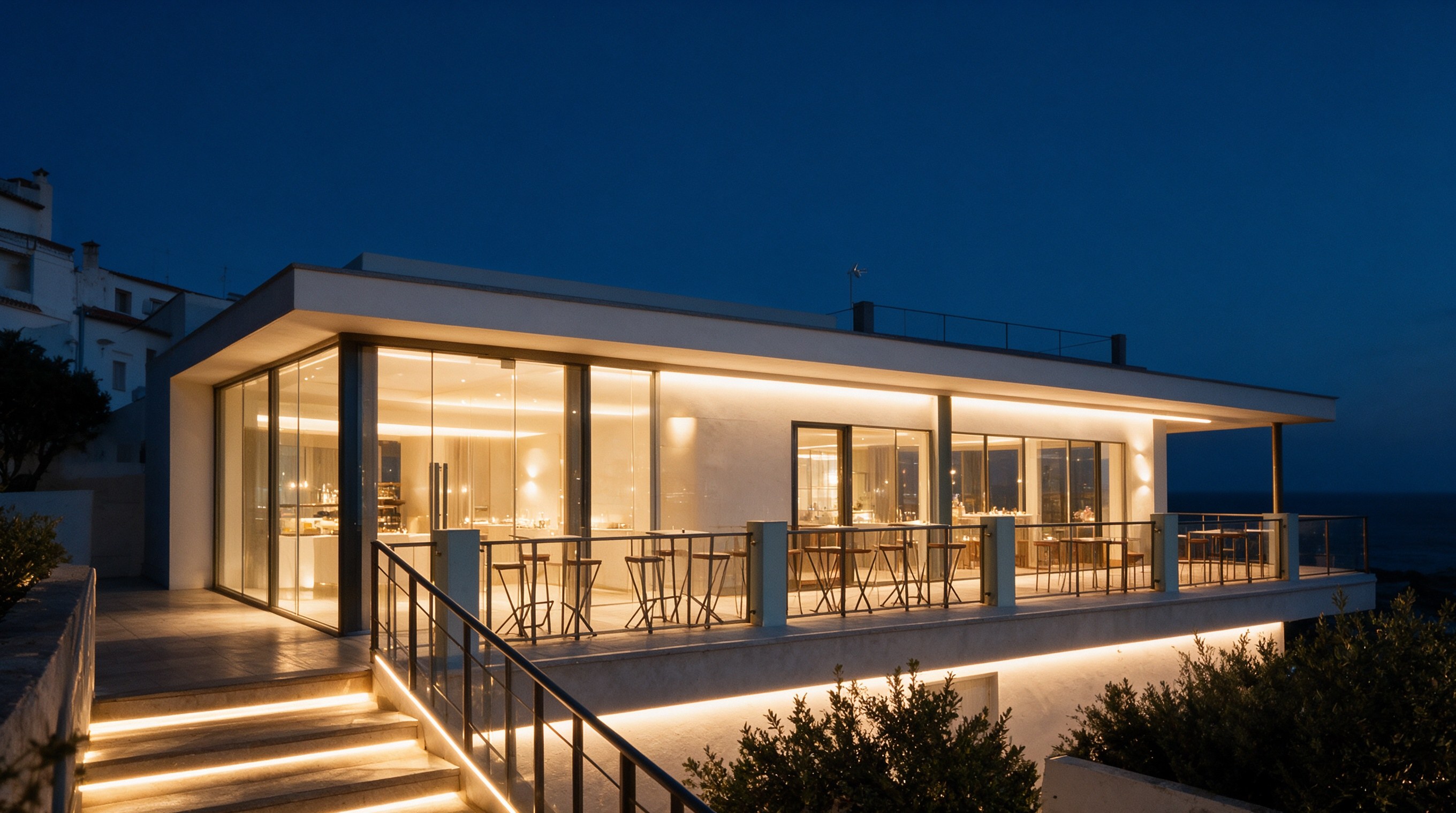 Fachada moderna de restaurante iluminada de noche en Torreguadiaro con terraza y barandilla